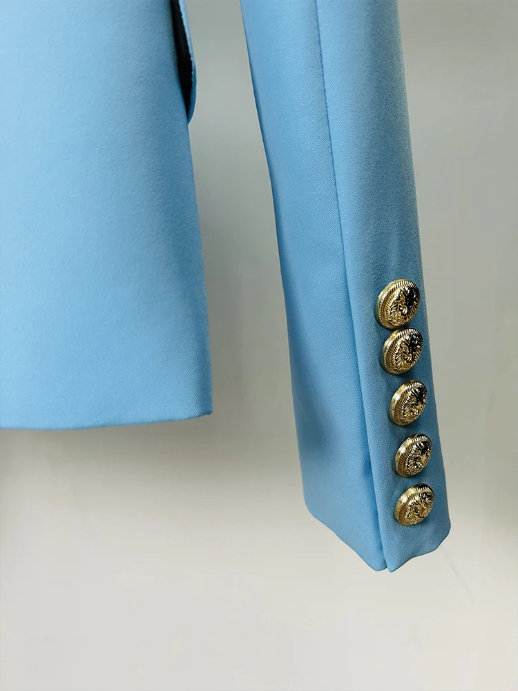 HIGH STREET Newest 2024 Designer Jacket Fashion Women\'s Classic Slim Fitting Double Breasted Lion Metal Buttons Blazer Baby Blue