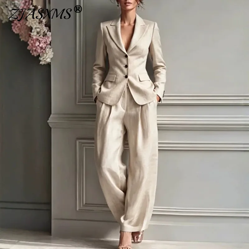 Vintage Einfarbiger Einreihiger Blazer Zweiteiler für Damen mit Revers-Taschen und Weiten Hosenbeinen, Formeller Anzug für Hochzeit, Vorstellungsgespräch und Büro