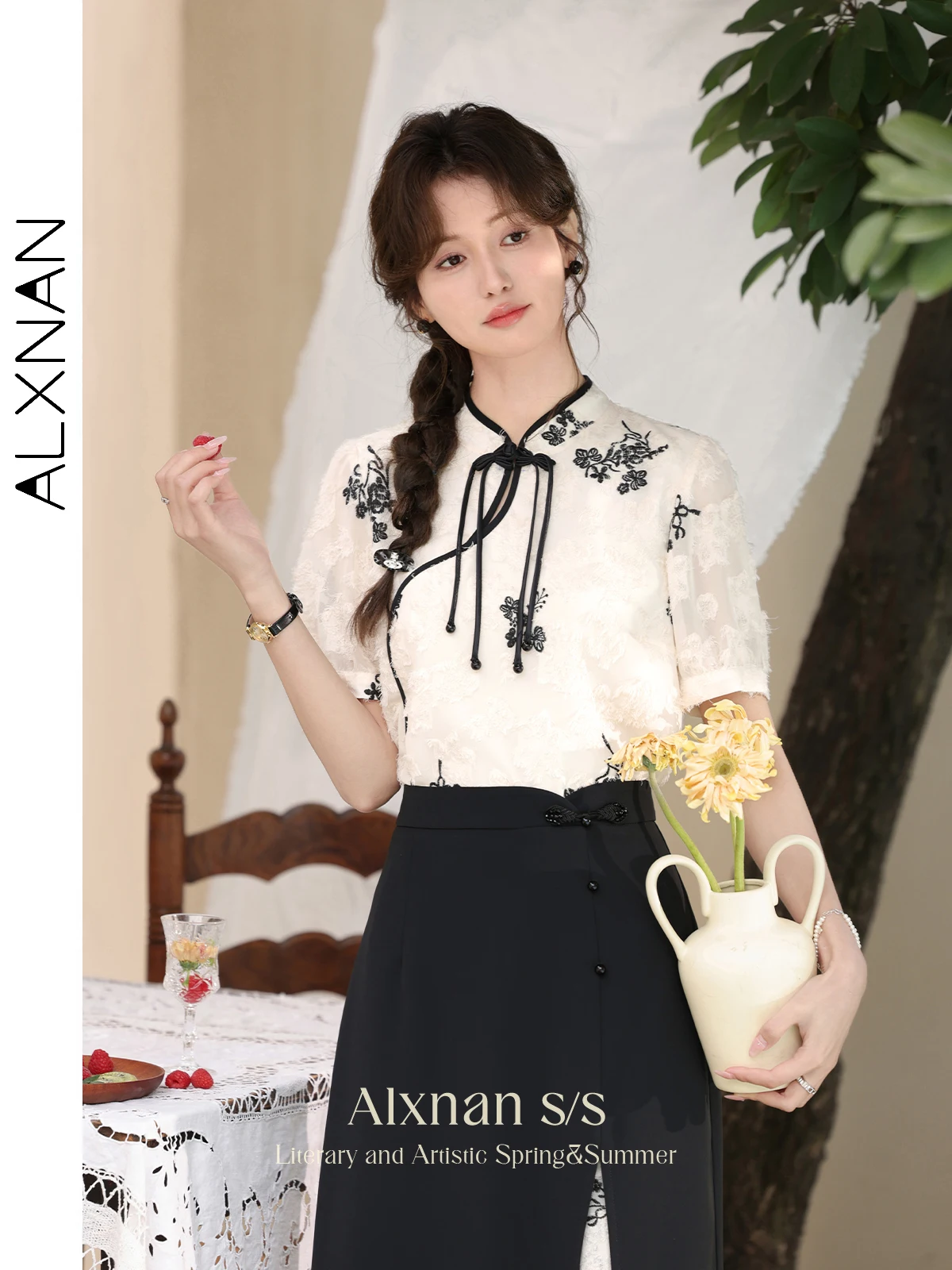 ALXNAN Summer Blouses Women 2024 Chinese Style Contrast Embroidery Short Sleeve Womens Tops and Blouses Female Clothing L33930