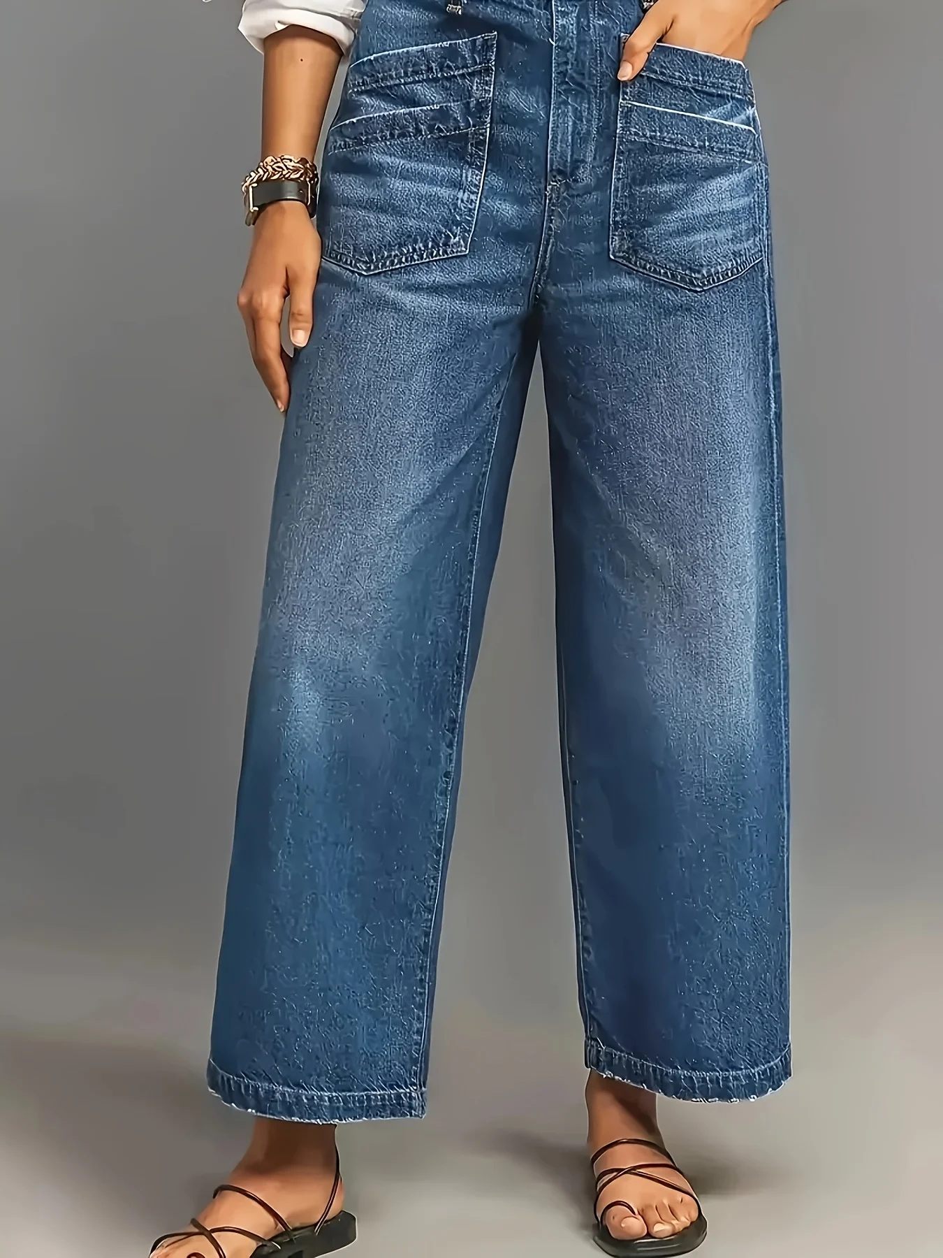 

Женские неэластичные синие широкие свободные джинсы с высокой талией, свободная широкая версия прямой трубки, модная и простая.