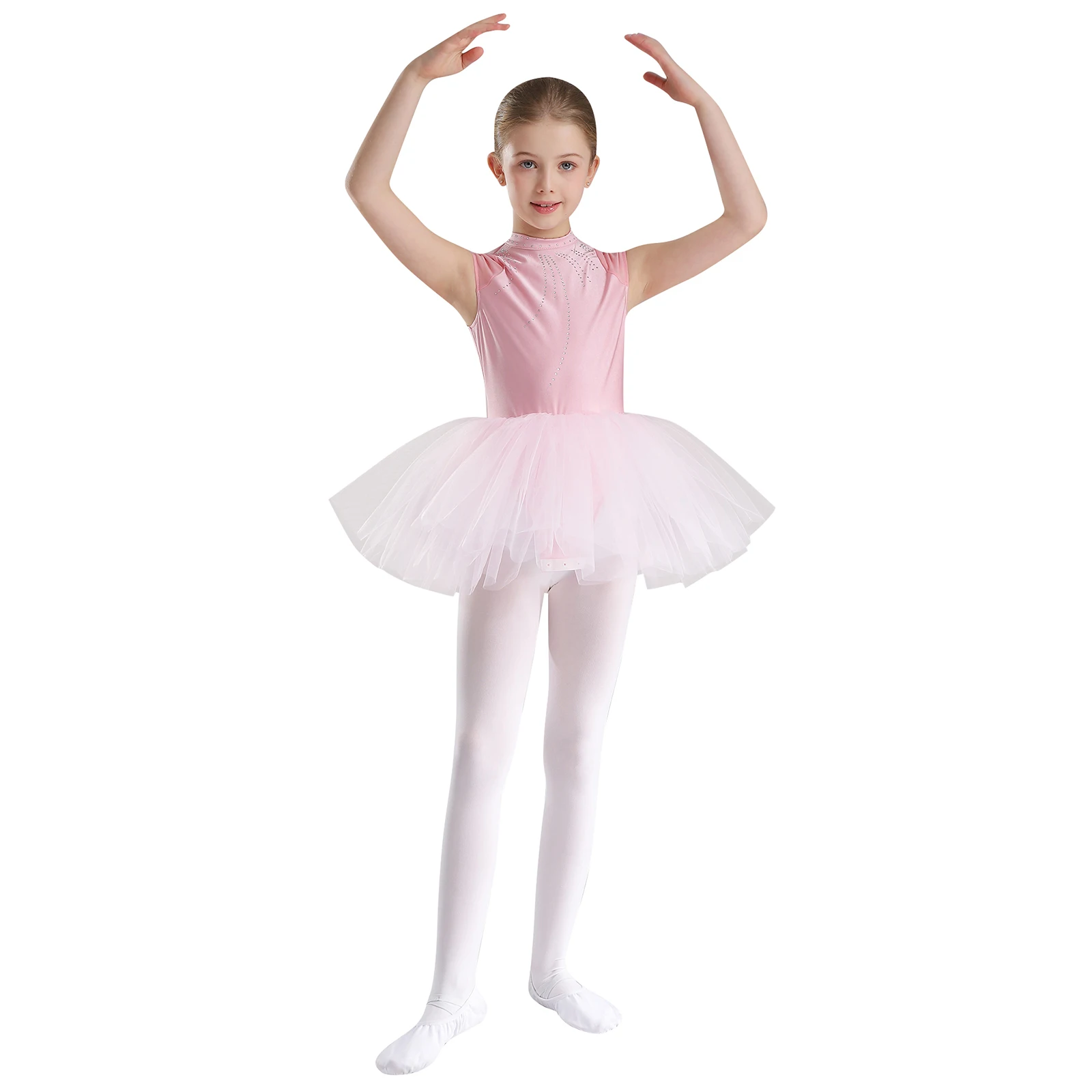 Kids Girls Ballet Tutu Dance Dresses Mock Neck Shiny Rhinestones Sleeveless Dress for Stage Performance Competition Dancewear