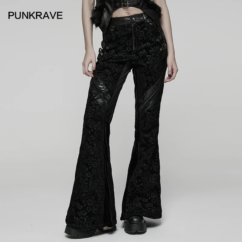 กางเกงขายาวทรงบานลายดอกกุหลาบผ้ากำมะหยี่ยืดหยุ่นสไตล์โกธิคแบบราชสำนักสำหรับผู้หญิง แบรนด์ PUNK RAVE หรูหรา