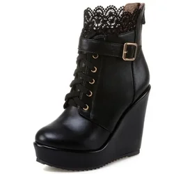 Size 34-43 Winter Buckle Super High Wedges Platform Ankle Boots for Women Lace Up White Black High Heel Ladies Shoes Bootie