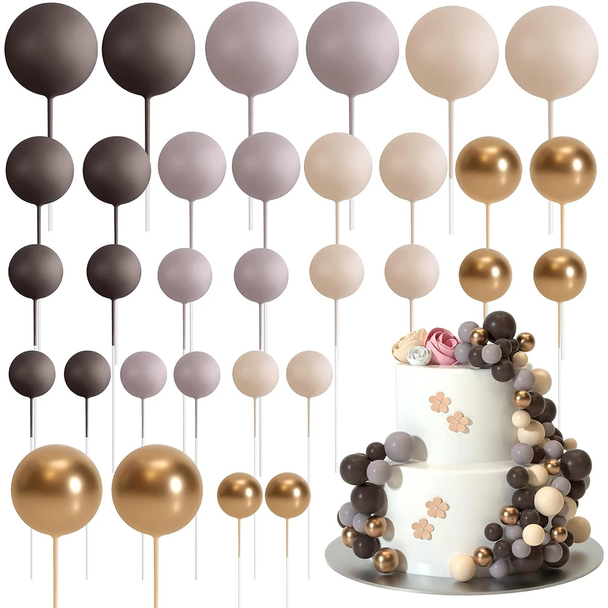 32 Pcs Ball Cake Topper Decorations Mini Balloons  Foam Balls Cake Picks for Wedding Party Birthday Cake Decorating (Brown Gold)