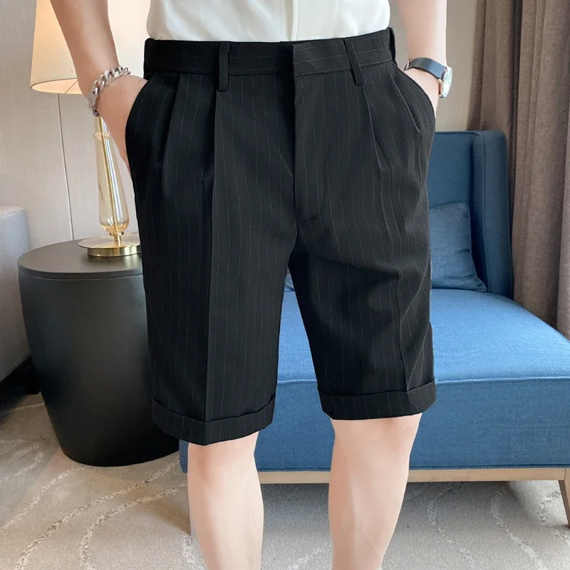 Top Quality Summer Knee Length Striped Shorts Men Clothing Business Formal Wear Slim Fit Casual Straight Short Homme 29-36