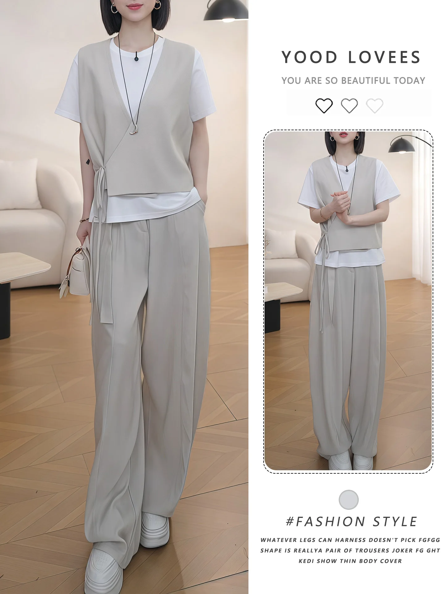 

Korean Loose Fashion Casual Style Vest Short Sleeve Wide Leg Pants Three Piece Set Women Summer High End Feeling Ensemble
