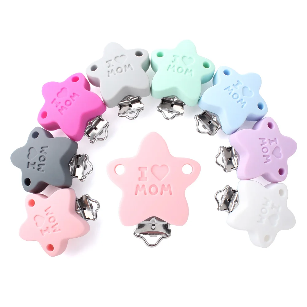 Clip de silicona para chupete, Clips en forma de corazón de estrella, sin BPA, accesorios de cadena para chupete de bebé, soporte para muñeco de