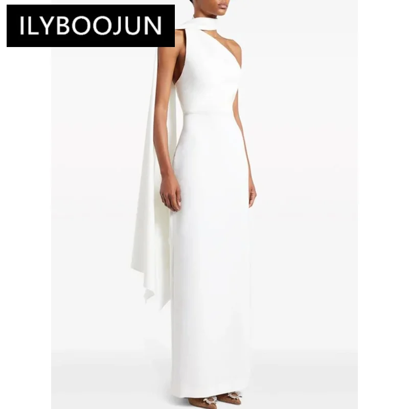 

ILYBOOJUN Women's Fashion Evening Dress Diagonal Collar Ribbon Backless Split Halter Waist Elegant Dresses Spring 2024 New