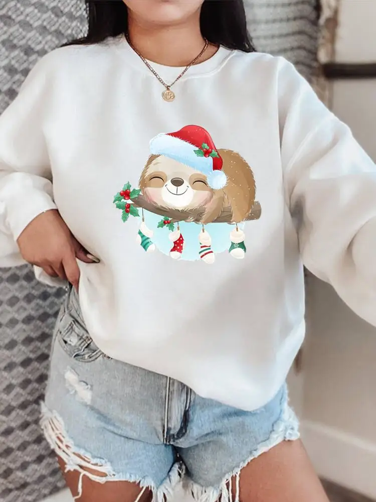 

Sloth Cartoon Style Trend Pullovers Fashion Clothing Holiday Christmas O-neck New Year Fleece Female Women Graphic Sweatshirts