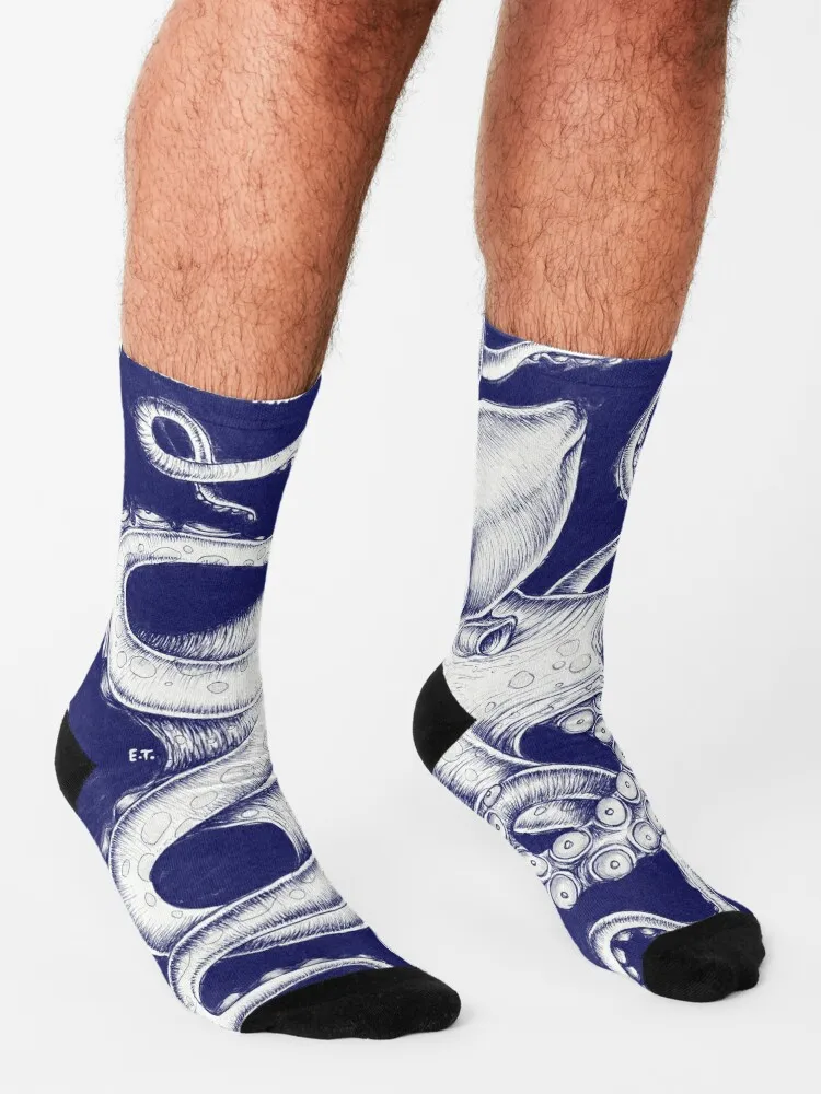 Calcetines de tinta cepillada monocromática azul para hombre y mujer, medias retro de moda japonesa, tentáculos de pulpo, Crossfit