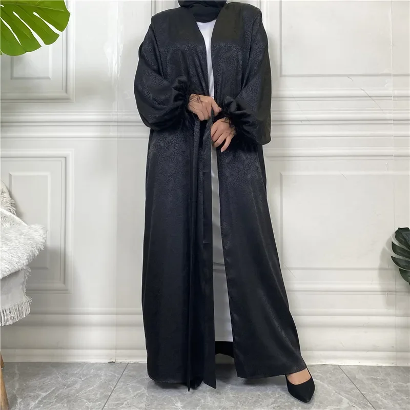 Feather Satin Eid Mubarak Open Abaya Women Muslim Cardigan Maxi Dresses Kimono Dubai Kaftan Arab Islamic Ramadan Gowns Caftan