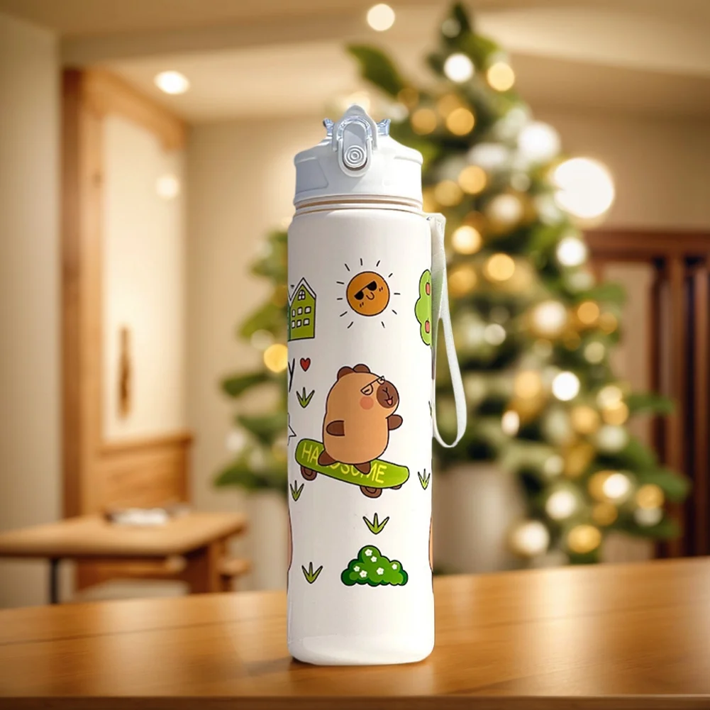 800ml Capybara Portable Drinking Bottle with Straw & Handle Kawaii Water Bottle Large Capacity for Boys Girls Daily Use