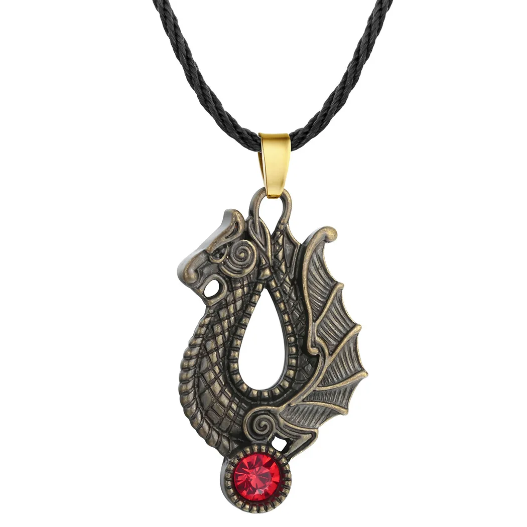 Retro Ethnic Style Zodiac Dragon Ruby Animal Pendant Necklace Men's Fashion Punk Trend Lucky Jewelry