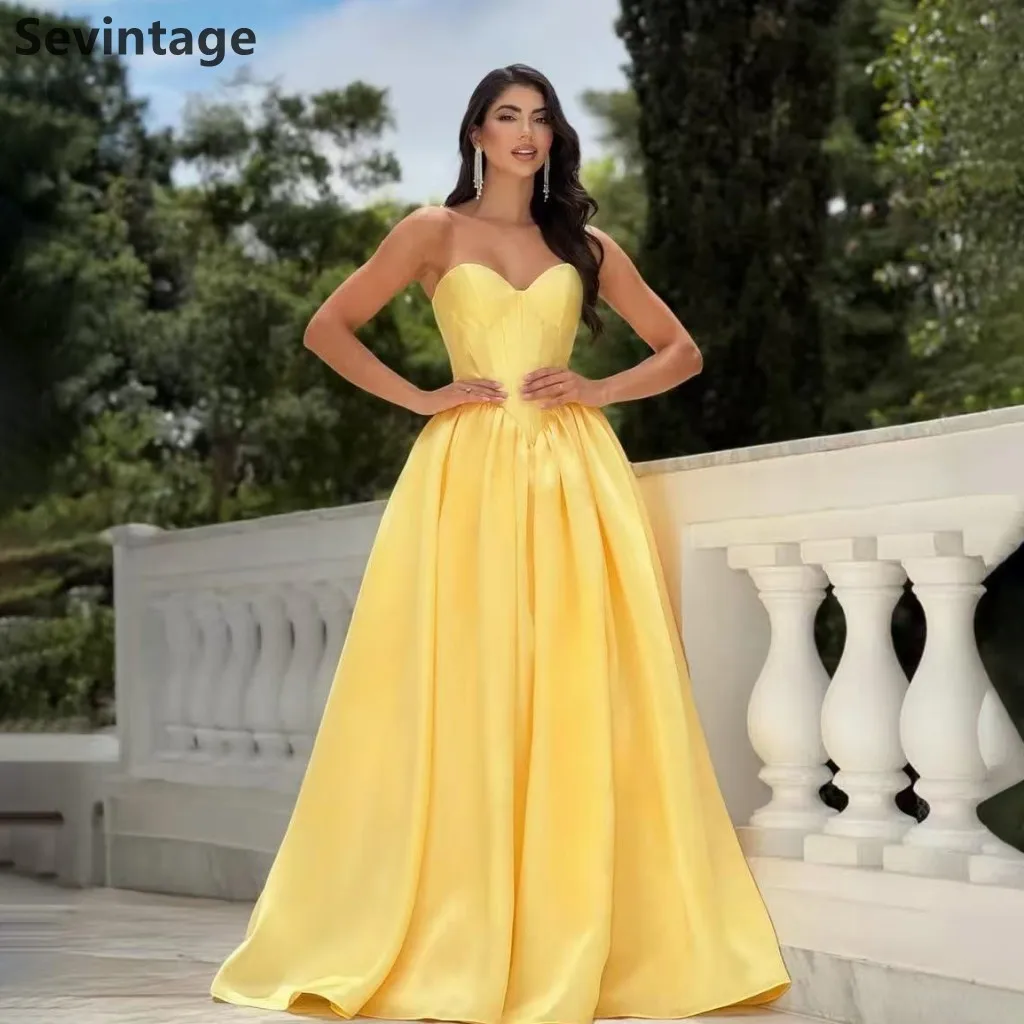 فستان سهرة من Sevintage 2025 من الساتان الأصفر على شكل حرف A فستان حفلات مكشكش على شكل قلب لحفلات الزفاف الرسمية حسب الطلب #6