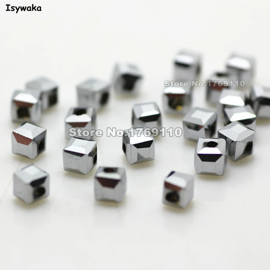 Isywaka 100pcs Cube 4mm Shining Silver Color Square Austria Crystal Beads Glass Beads Loose Spacer Bead for DIY Jewelry Making