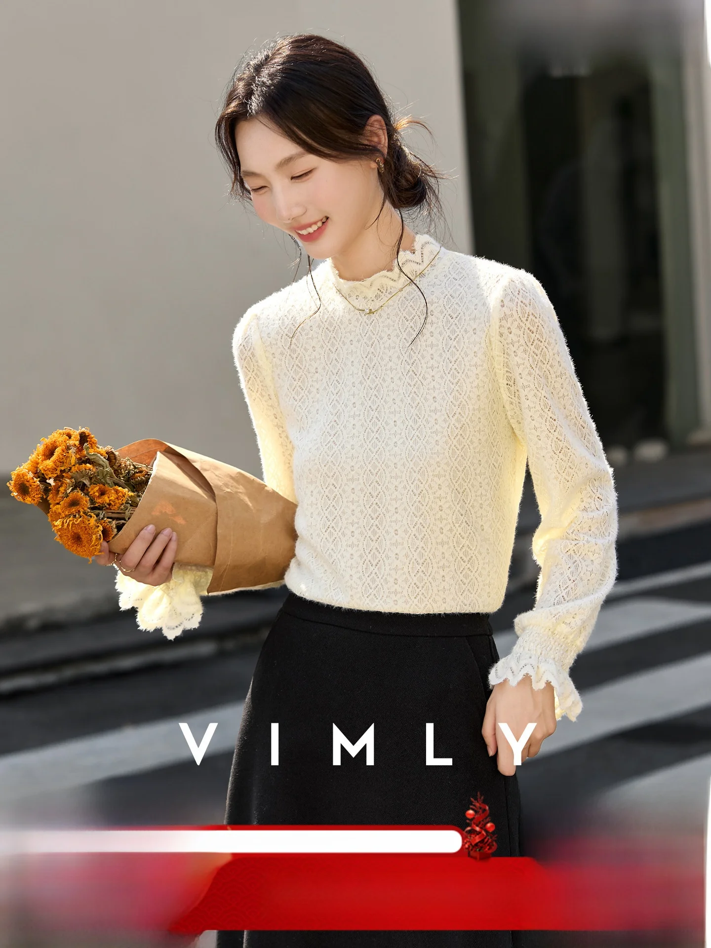 

Женская трикотажная кофта с длинным рукавом и кружевной отделкой, повседневный модный топ прямого кроя из нейлона для осени и зимы