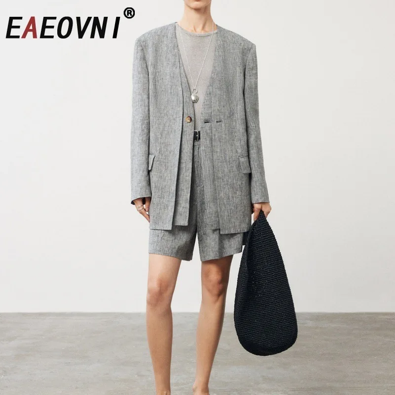 

EAEOVNI 2025 New Women Fashion 2 Piece Set Patchwork Button V Neck Jacket Blazer + Mini Shorts Office Lady Clothing 1A924