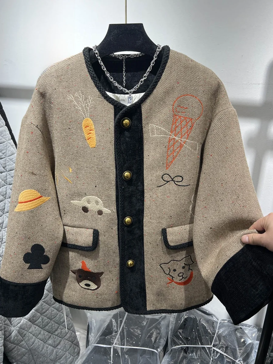 

Ретро-пальто из шерсти с круглым вырезом, на одной пуговице, в стиле пэчворк, весна-осень, модное, свободное, стройнящее, универсальное