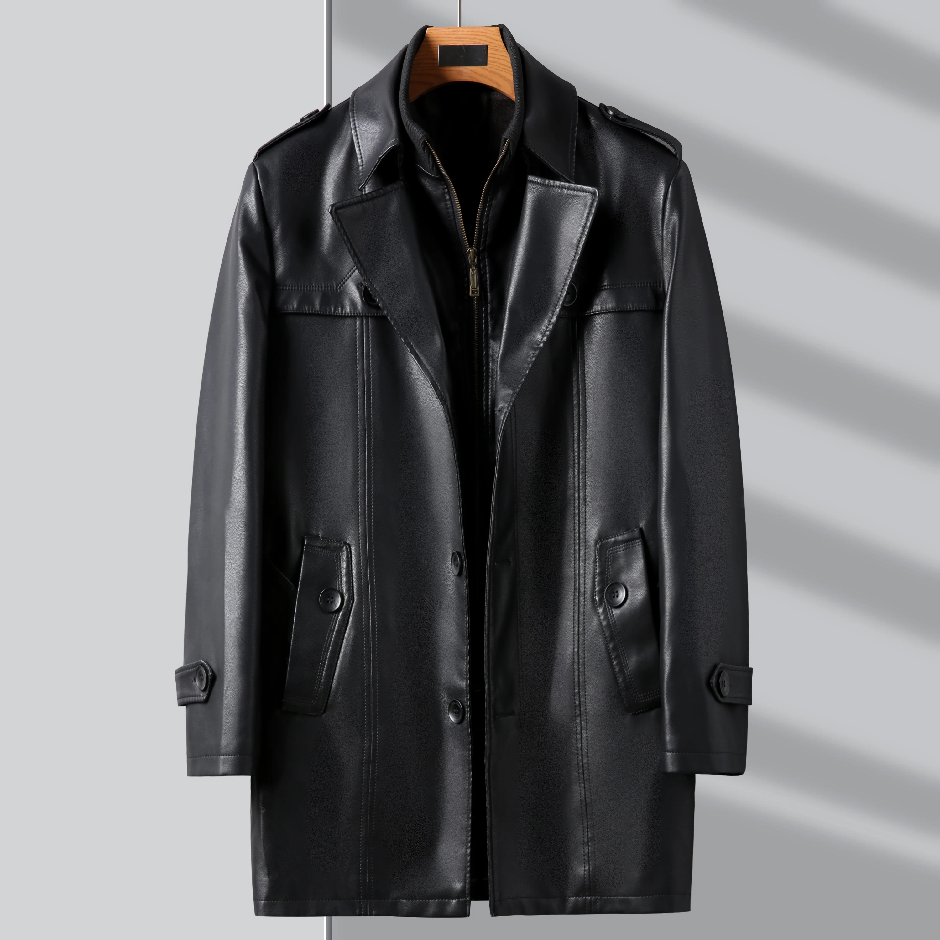 

2023 winter high quality trench coat men,men's Slim Fit Faux leather jackets,mens thicken warm Long coat size S-6XL