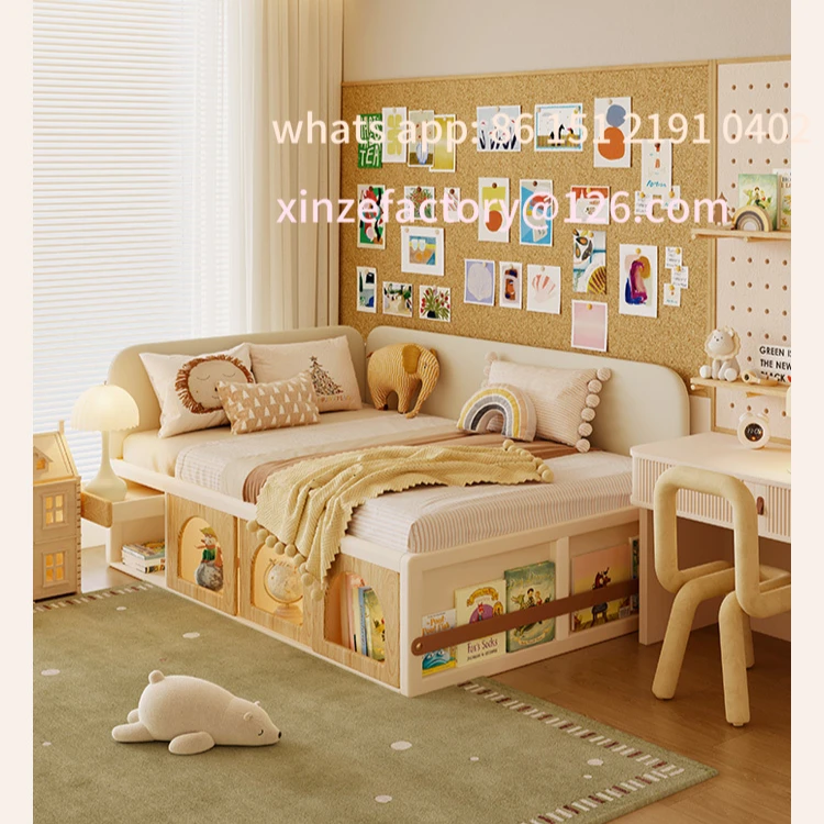 Customizable Storage Solid Wood Cream Style Bed for Boys & Girls Tatami High Box Bed