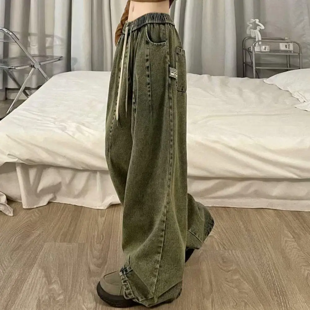 Straight Denim Trousers Vintage Wide Leg Denim Jeans with Elastic Waist Deep Crotch Pockets Women's Streetwear Fashion for Hip