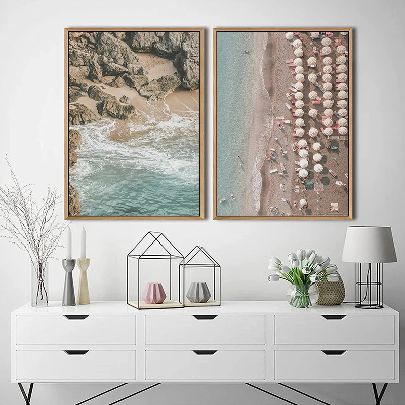 Palm Tree Pampas Grass Beach Umbrella Surfing Waves Poster Print Tropical Coastal Wall Art Canvas Painting Room Home Decor