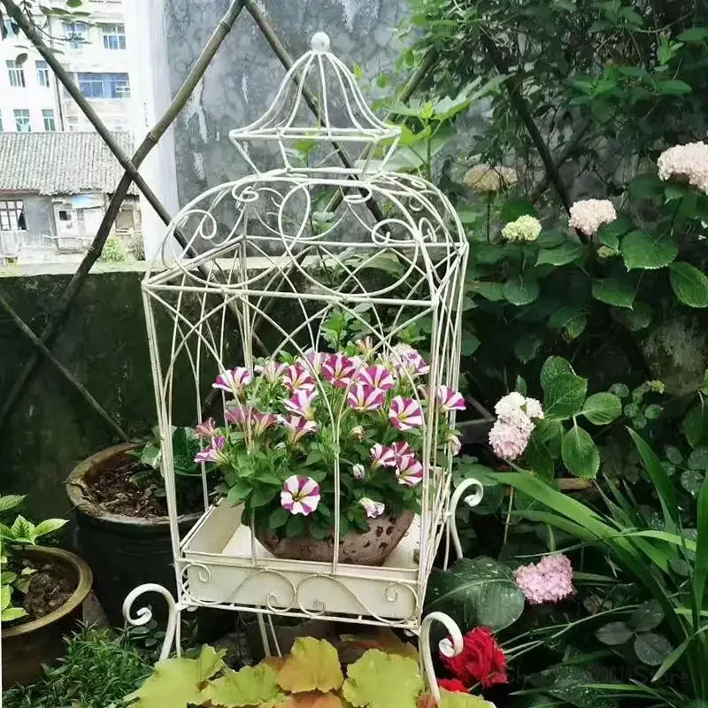 European Style Creative Bird Cage Large Flower Rack Decorative Elevated Flower Pot Rack Iron Vintage Courtyard High Foot