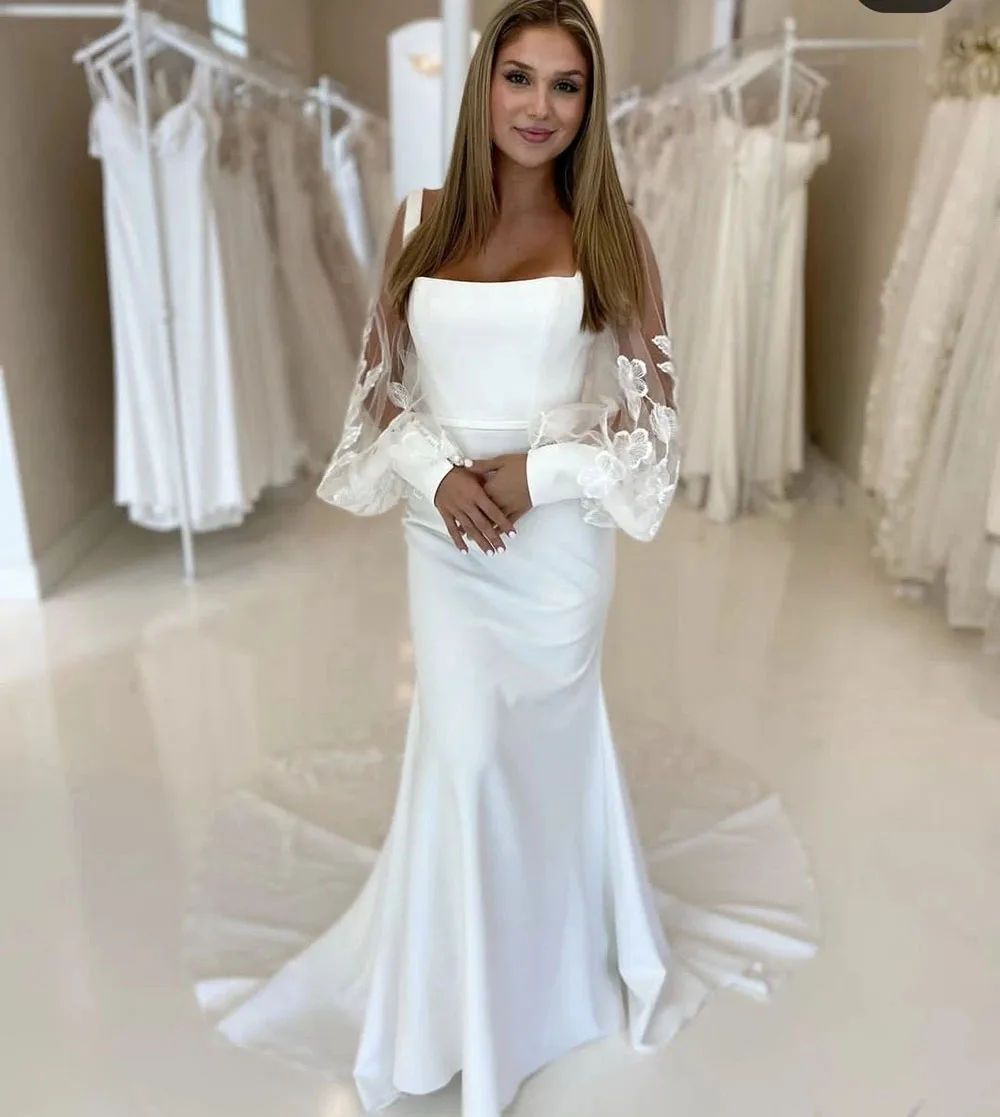 

Modern Mermaid Wedding Dress 2024 Lace Long Sleeves Vestido de Novia Square Necking Wedding Party Dress Bride Gowns