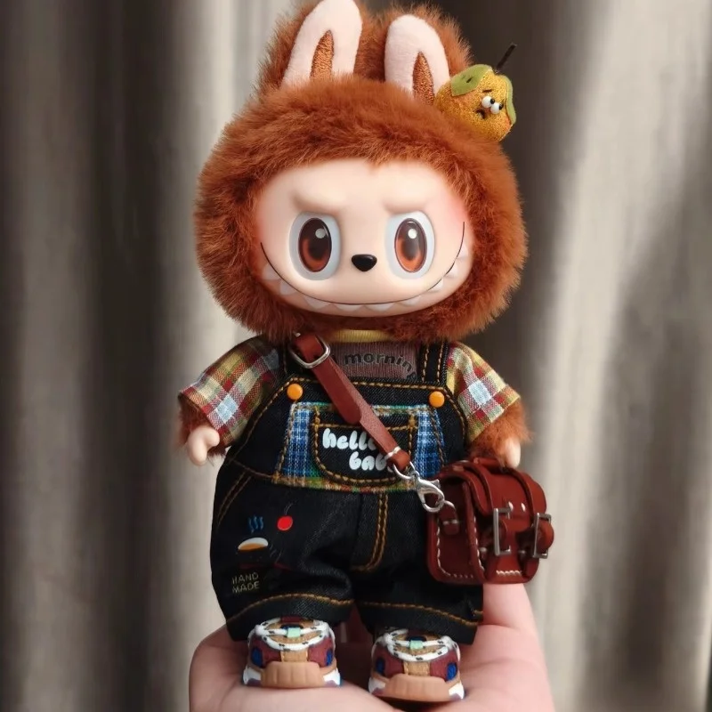 Kexin Labubu Doll Clothes 17Cm Hand Made Denim Overalls Plaid Short Sleeve Top For 1 2 3 Generation Vinyl Doll Outfit