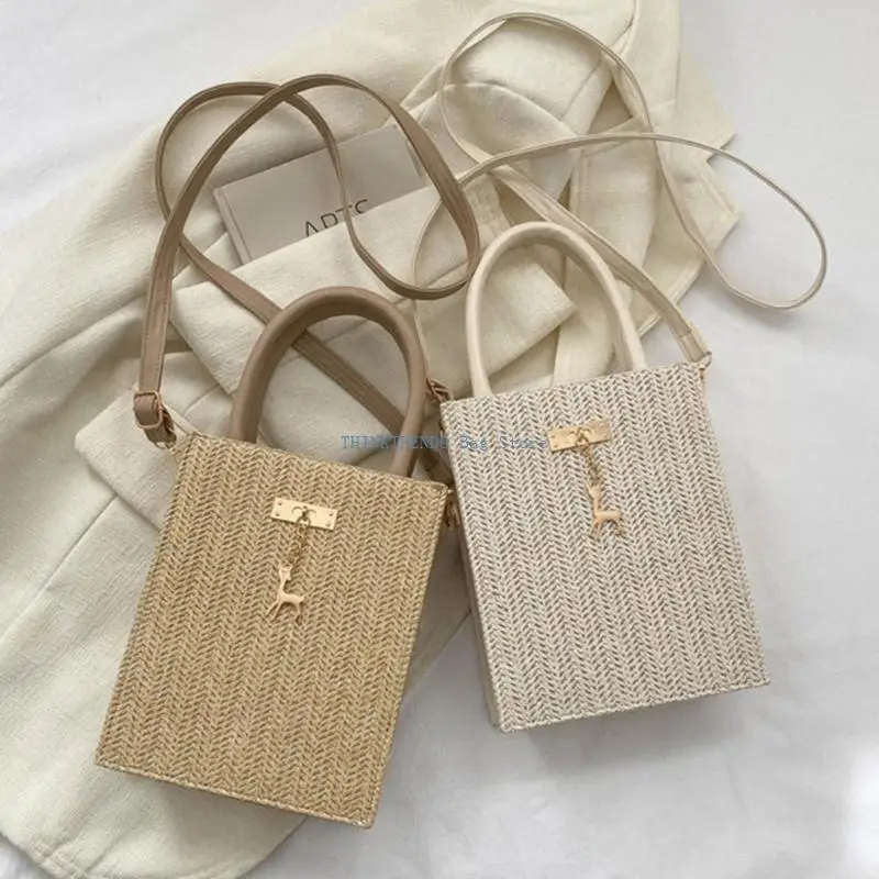 

340D Women Straw Bag Small Casual Shoulder Bag Handmade Top Handle Handbag