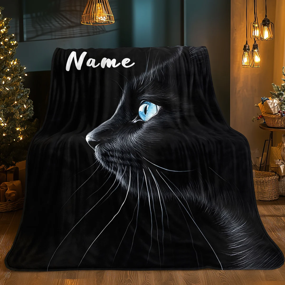 Couverture en flanelle de chat noir personnalisable, style de charme de nom personnalisé, thème fantastique, résistante aux déchirures, tricotée toutes saisons