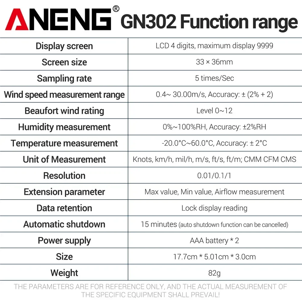 ANENG GN302 9999 Contagens Anemômetro Alta Precisão 0,4 ~ 30,00 m/s Multi-função -20.0 ℃ ~60.0 ℃   Ferramentas Anemometro de Temperatura e Umidade