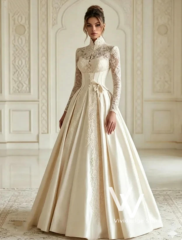 Ivory Lace Exquisite Bridal Gown High-Neck Long-Sleeved vestidos de novia Women’s Dress A-Line Dubai Wedding Dress Customized