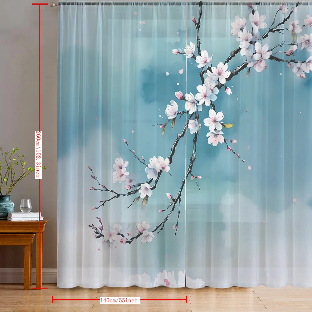 2PCS Home decoration printed window screens, blue and white flowers, with pole bags, suitable for kitchens, cafes, living room