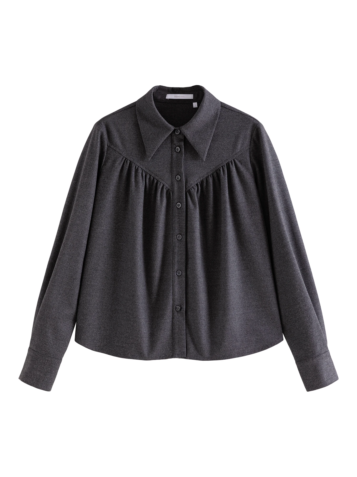 ZIQIAO French Retro Sttyle Lapel Collar Pleated Shirt For Women 2024 Autumn Winter New Design All-match Casual Tops 23ZQ94363