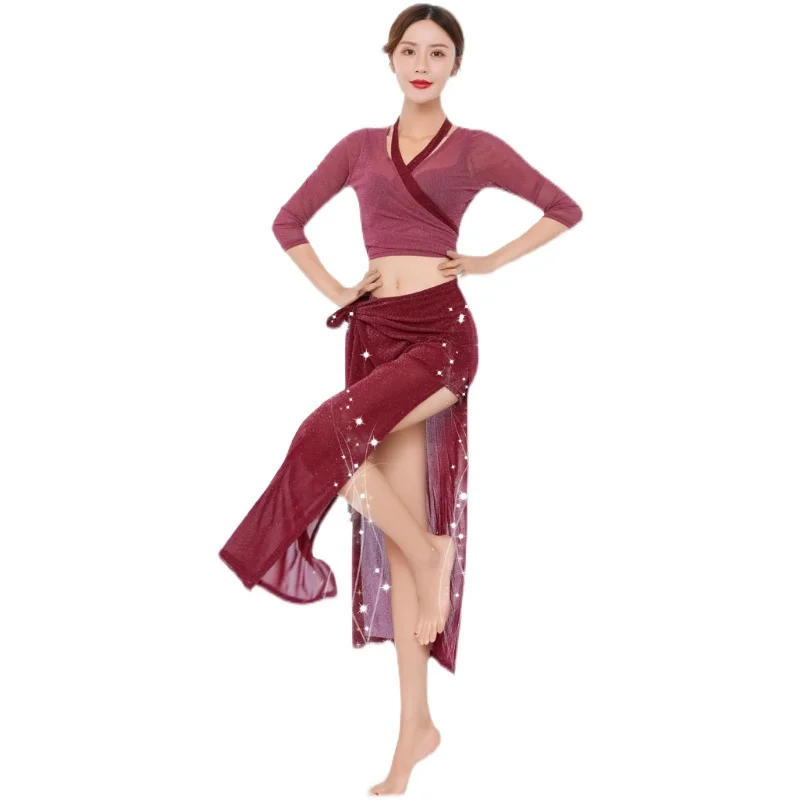 Ropa de ejercicio de malla para danza del vientre, traje de Baile Oriental Sexy para mujer, traje de actuación, conjunto de falda larga