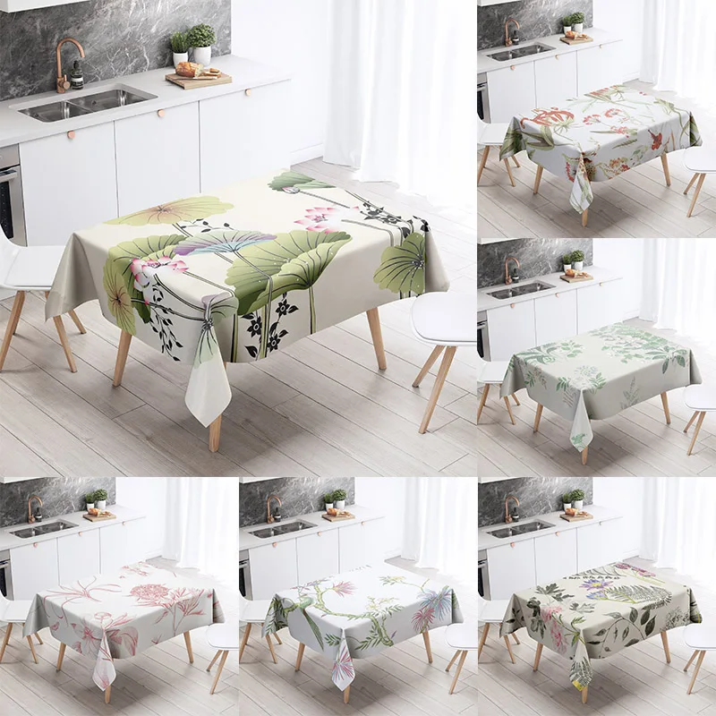 

Lotus Flower Tablecloth Home Decor Stain Resistant Waterproof Table Decoration Rectangular Kitchen Fireplace Countertop