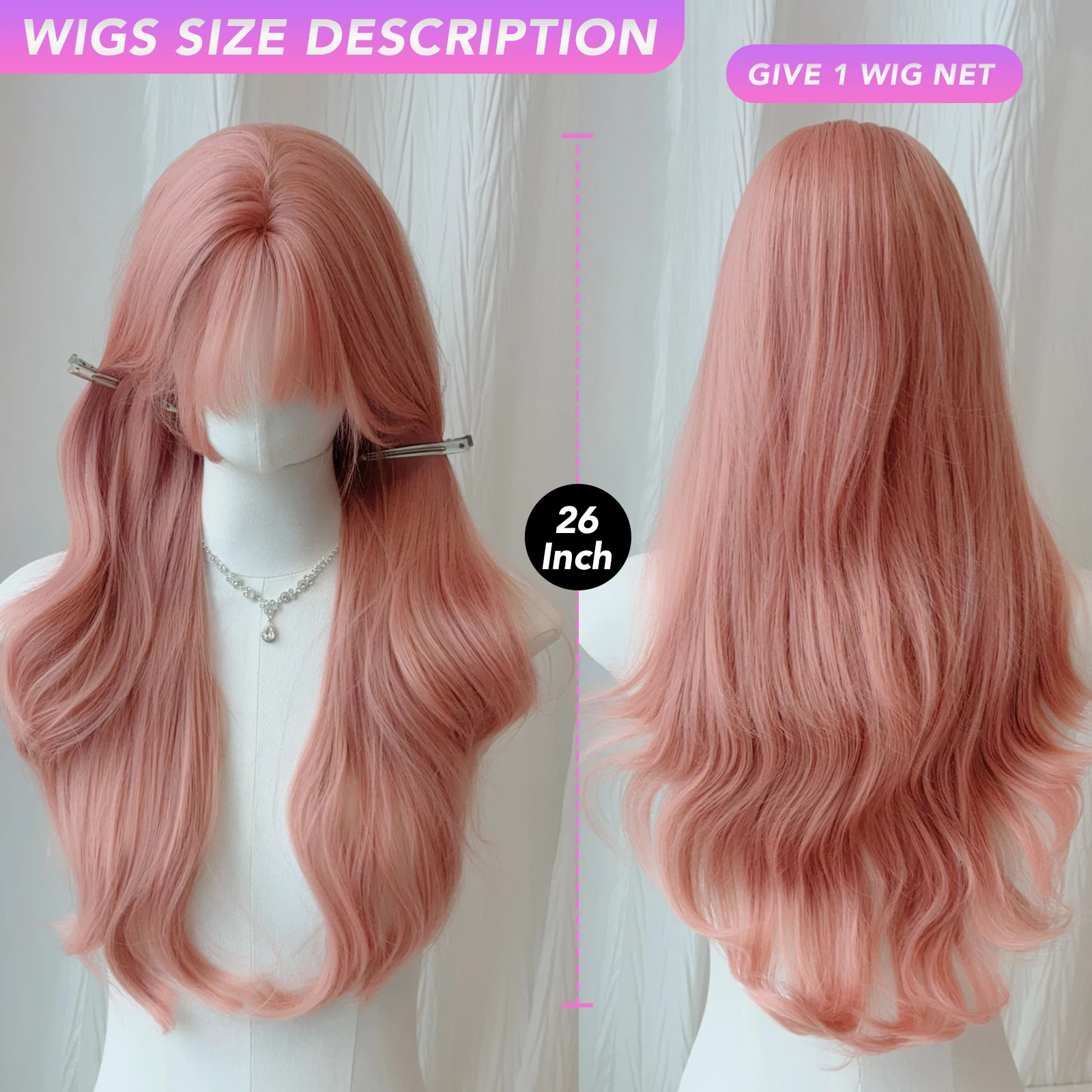 MEISU 26 بوصة الاصطناعية طويلة مجعد موجة الانفجارات شعر مستعار الوردي البني الألياف مقاومة للحرارة الطبيعية وسلسة ارتداء اليومي للنساء