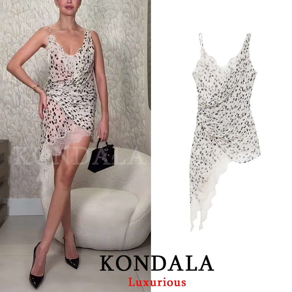 فستان KONDALA مثير أنيق منقط مطبوع شفاف قصير للنساء بياقة على شكل V فستان حفلات بدون ظهر موضة 2026 فستان نادي مسائي للربيع