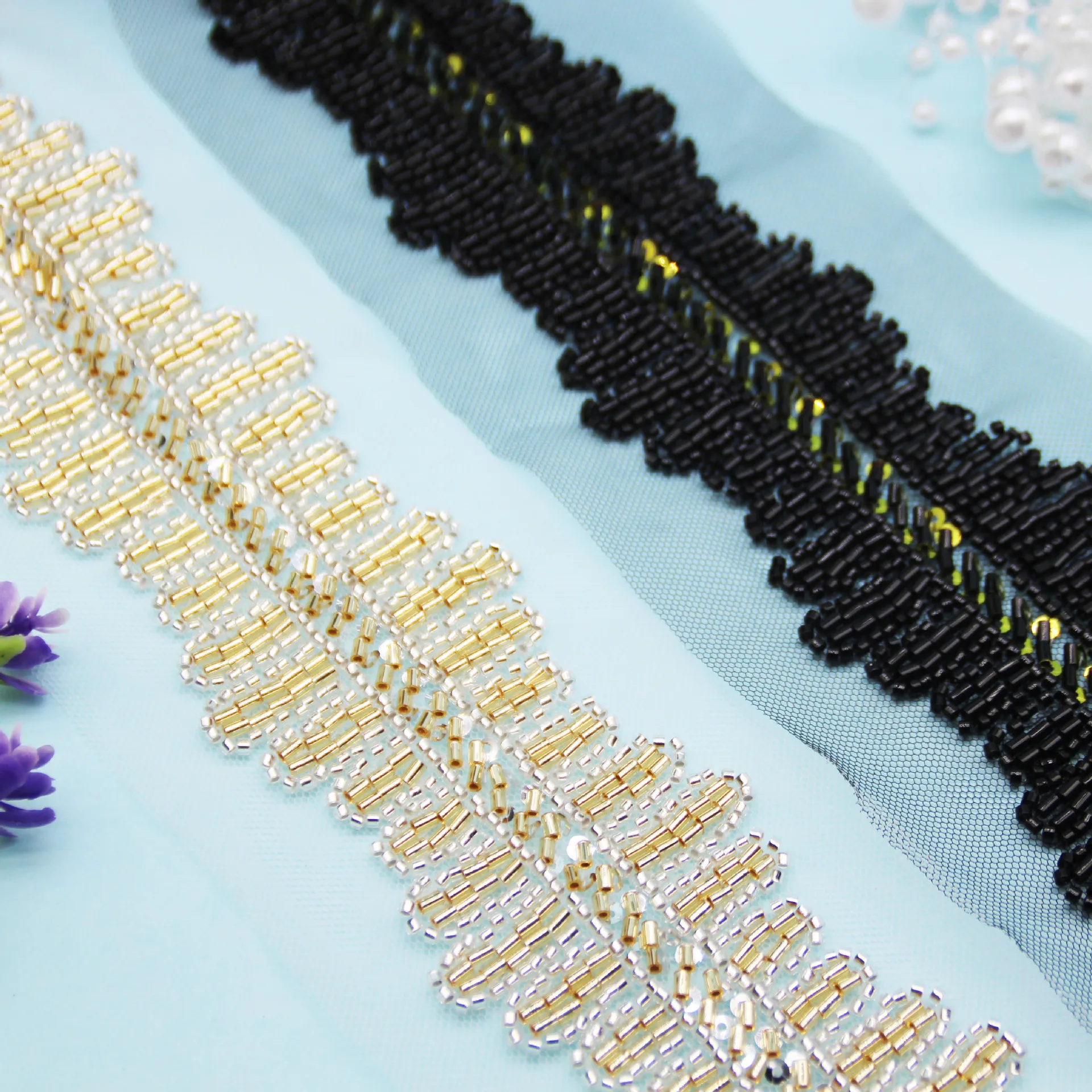 

Gold High-end DIY Nail Bead Lace Trim Glass Bead Sequin Ribbon Heavy Duty Dress New Classical Clothing Accessories