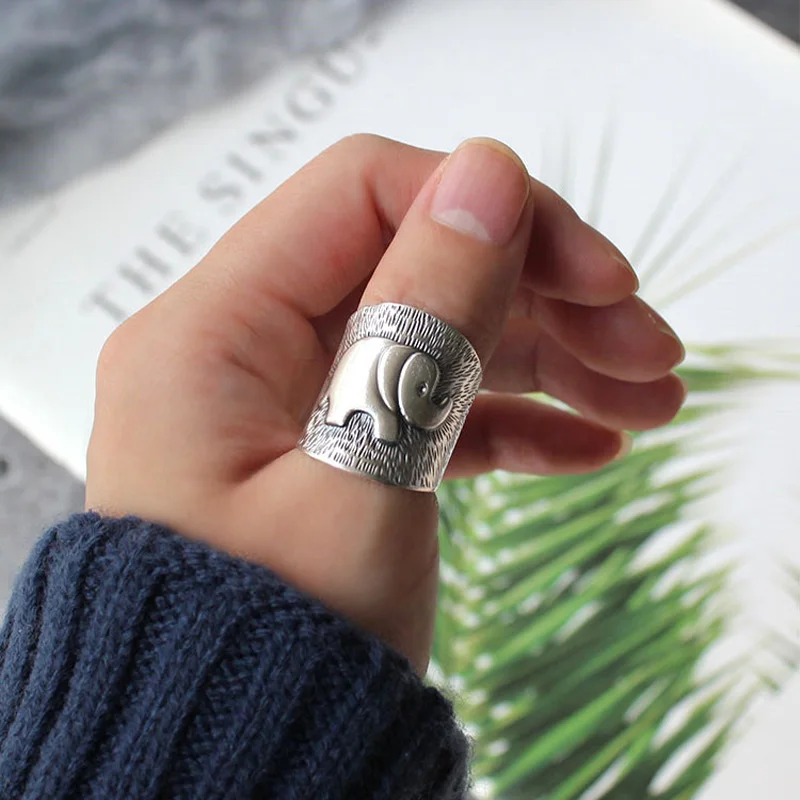 Retro Elephant Wide Ring Dla Kobiet Mężczyzn Srebrny Kolor Vintage Styl Etniczny Otwarty Pierścionek Punk Gothic Akcesoria Projektant Biżuterii Prezent — zdjęcie 7