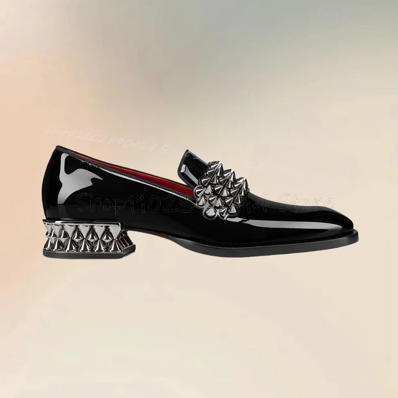 Silber Spikes Dekor Metall Ferse Schwarz Karree Loafers Fashion Slip Auf Männer Schuhe Luxus Handgemachte Party Bankett Männer Kleid Schuhe