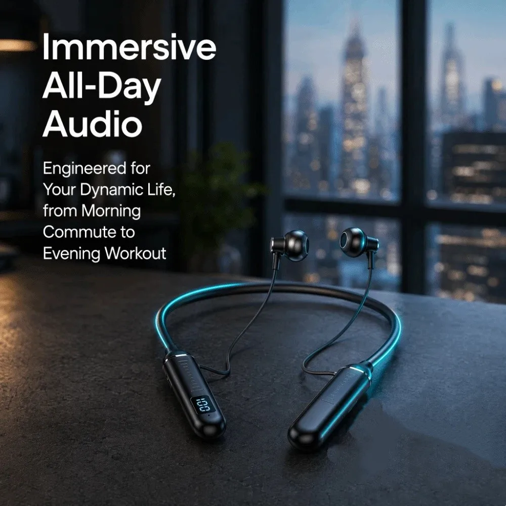 Digital Display Wireless Headset Large Capacity Magnetic Suction Neckband Earphones Half In-Ear Long Battery Life