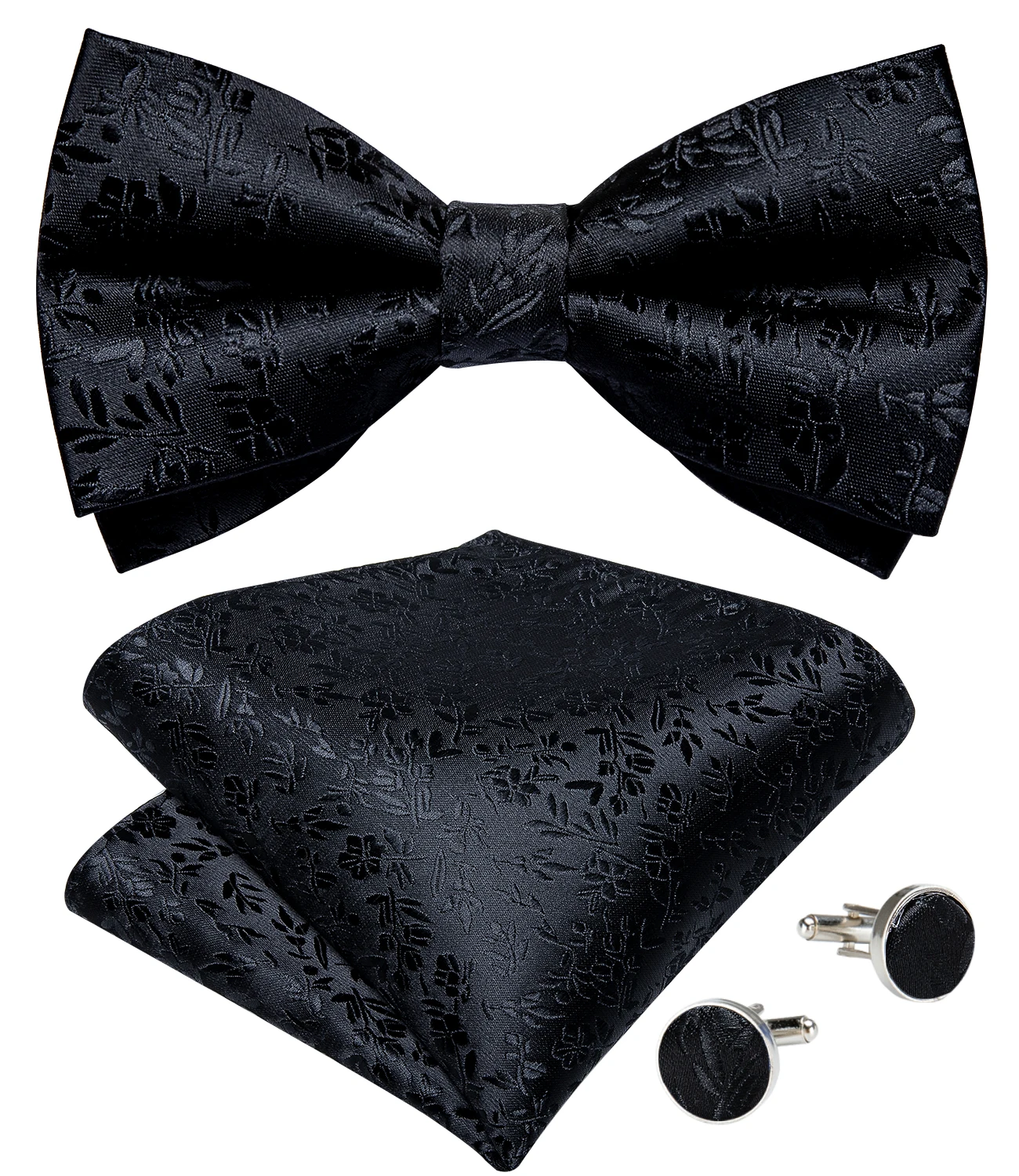 Klassisches schwarzes Herren-Fliege-Set mit Einstecktuch und Manschettenknöpfen – Paisley Gold Vorgebundene Fliege – Detail 11
