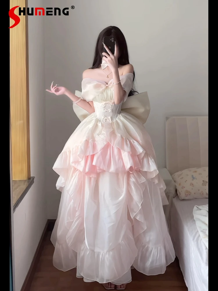 Zoete Verjaardagsfeestje Roze Jurk 2025, Nieuwe Meisje Vrouwen Slim Fit Grote Boog Staart Baljurk Jurk Dames Y2K Prinses Jurk Zomer