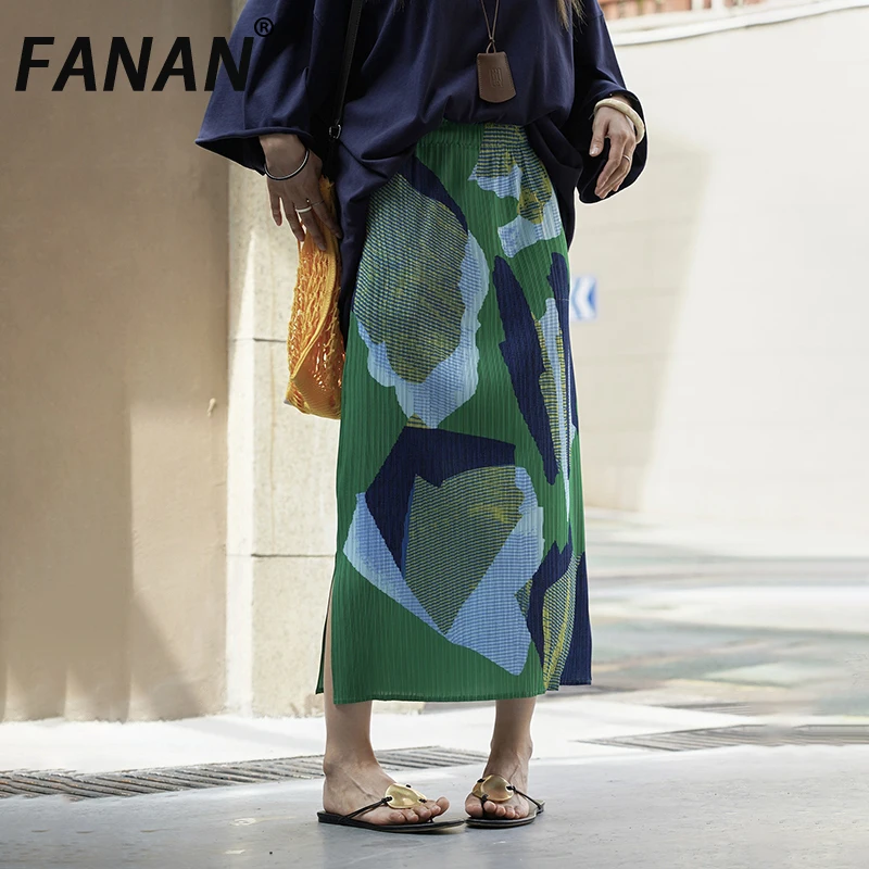 

FANAN Fashion Print Design Pleated Skirts For Women Elastic High Waist A-line Sunscreen Skirt Female Clothing 2025 Summer New