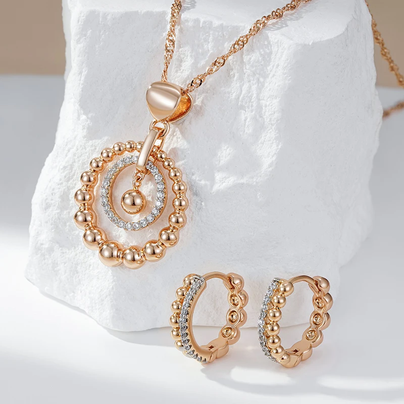 Kinel New Fashion Glossy Bead Natural Zircon Hoop Earrings Women 585 Rose Gold Silver Color Mix Fine Wedding Party Jewelry