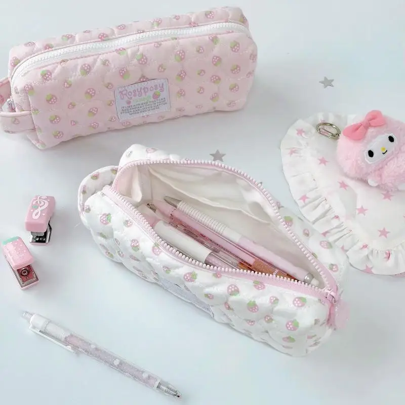 Soft Quilted Pencil Pouch With Lovely Strawberry Print And Large Capacity Perfect For School Students Office Stationery Storage
