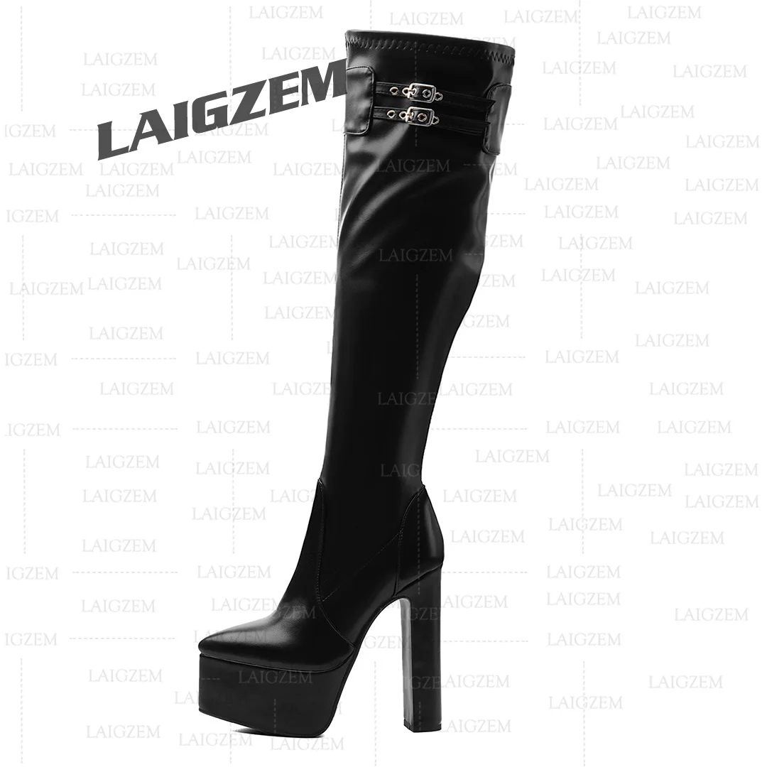 LAIGZEM Damen Overknee-Stiefel Elastische Plateaustiefel mit Seitenreißverschluss und spitzer Zehenpartie Overknee-Schuhe Botines Mujer Große Größen 39 45 50 52