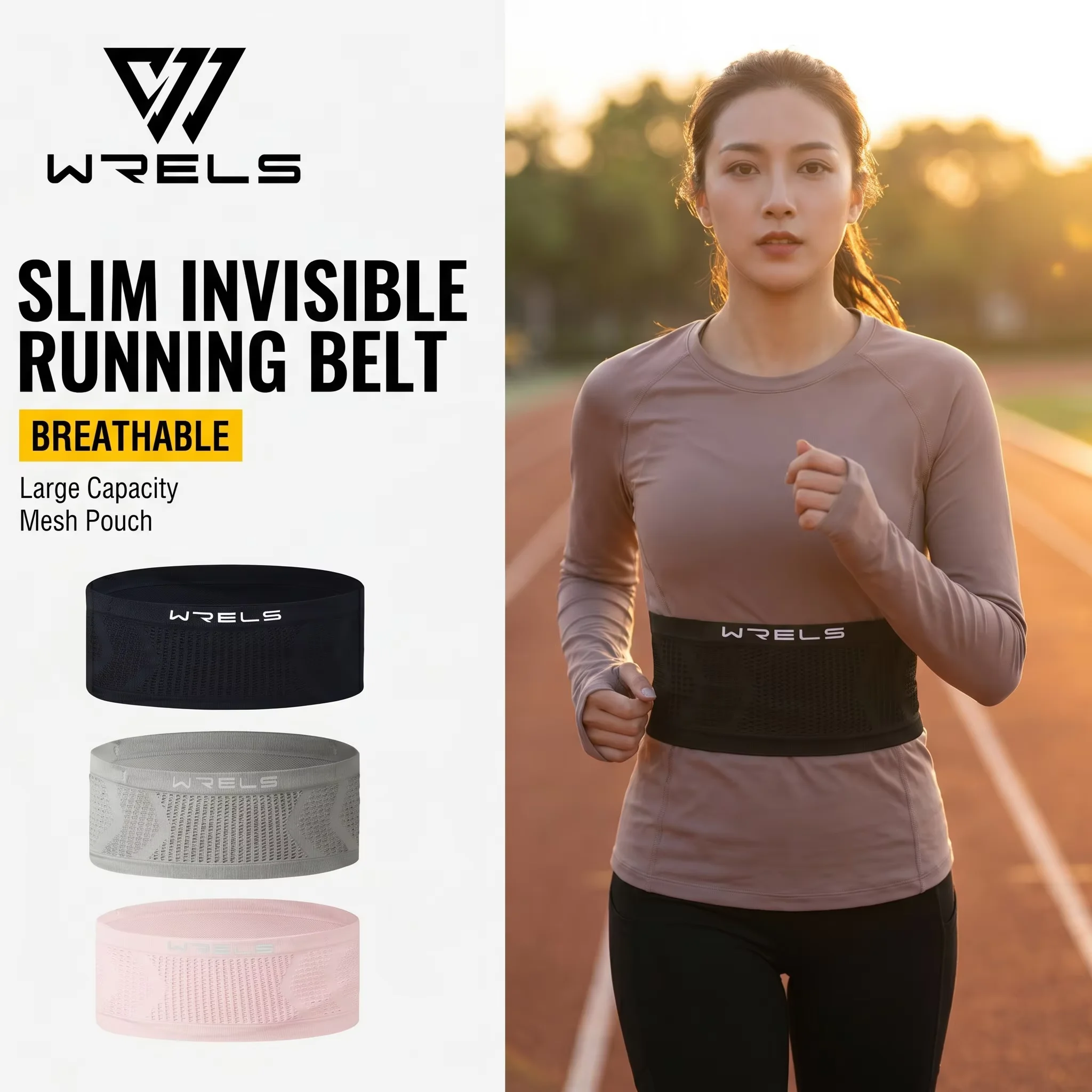 WRELS Waist Pack Breathable Slim Running Belt Adjustable Fanny Pack Invisible Soft Elastic Ultralight Foldable Running Pack